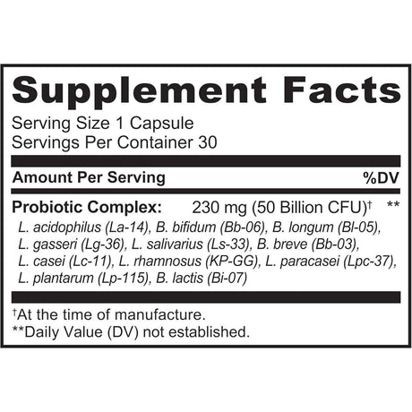 Naturelo Probióticos para la Salud Digestiva 50 Mil Millones CFU - 30 Cápsulas de Liberación Retardada - Tabla Nutricional - Haz Tu Pedido