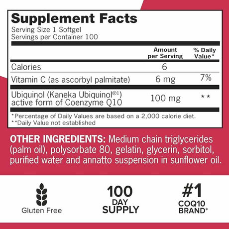 Qunol Mega Ubiquinol CoQ10 100 mg - 100 Cápsulas Blandas - Tabla Nutricional - Haz Tu Pedido

