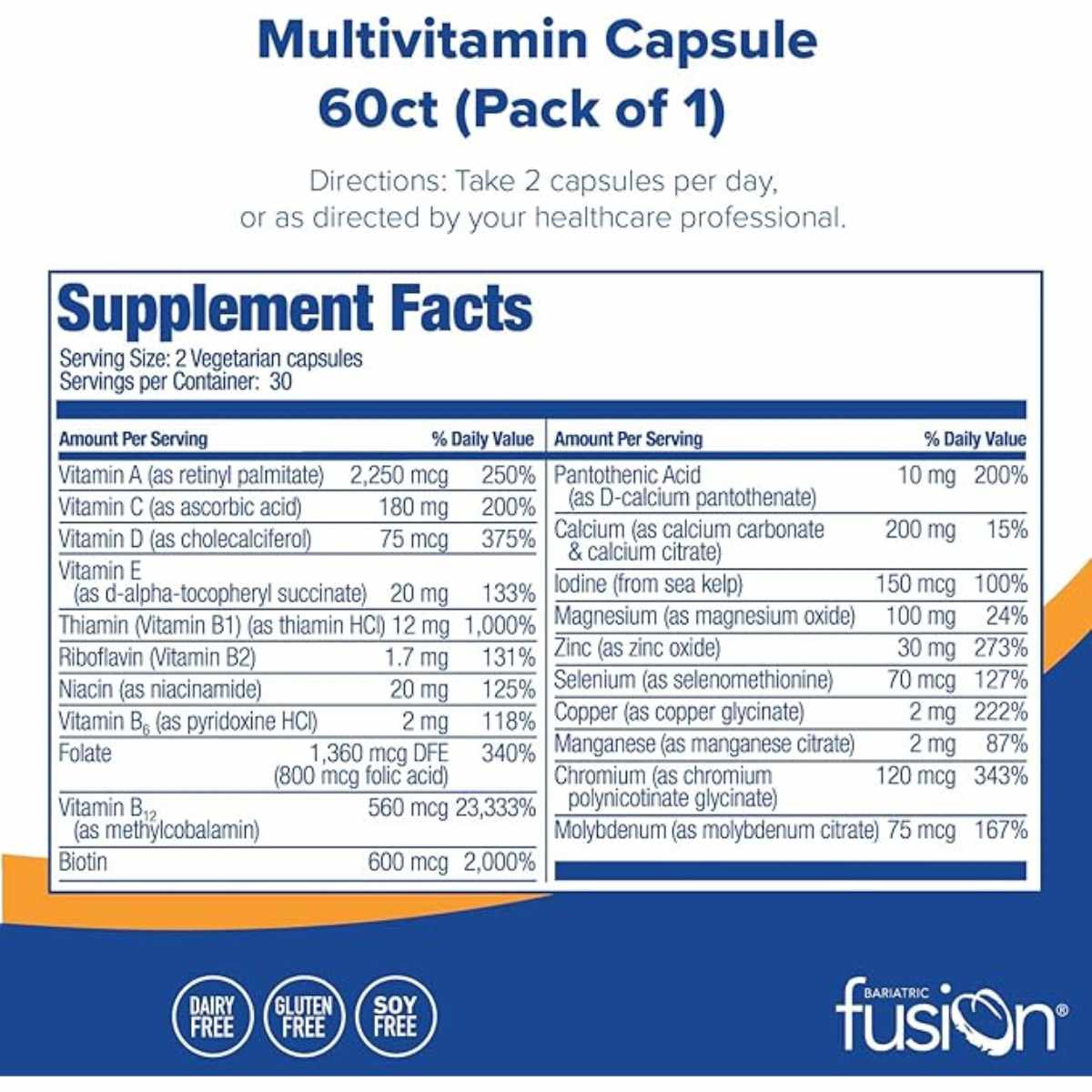 Bariatric Fusion Multivitamínico Sin Hierro - 60 Cápsulas - Tabla Nutricional - Haz Tu Pedido
