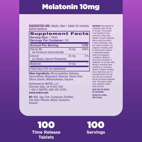 Melatonina 10 mg - 100 Tabletas - Tabla Nutriconal - Haz Tu Pedido
