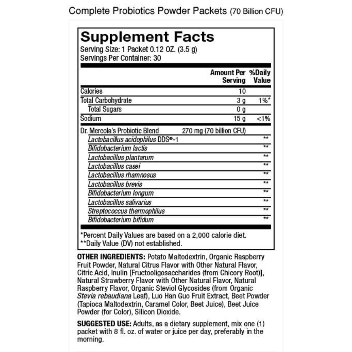 Dr. Mercola Probióticos Completos 70 Mil Millones CFU - Sabor Frambuesa - 105 g - Tabla Nutricional - Haz Tu Pedido