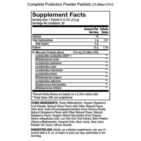 Dr. Mercola Probióticos Completos 70 Mil Millones CFU - Sabor Frambuesa - 105 g - Tabla Nutricional - Haz Tu Pedido