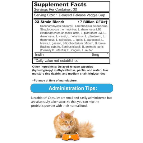 DrFormulas Nexabiotic Probióticos Para Gatos 17 Mil Millones CFU - 30 Cápsulas de Liberación Retardada - Tabla Nutricional - Haz Tu Pedido