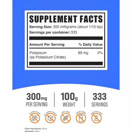 BulkSupplements.com Citrato De Potasio 300 mg - 100 g - Tabla Nutricional - Haz Tu Pedido