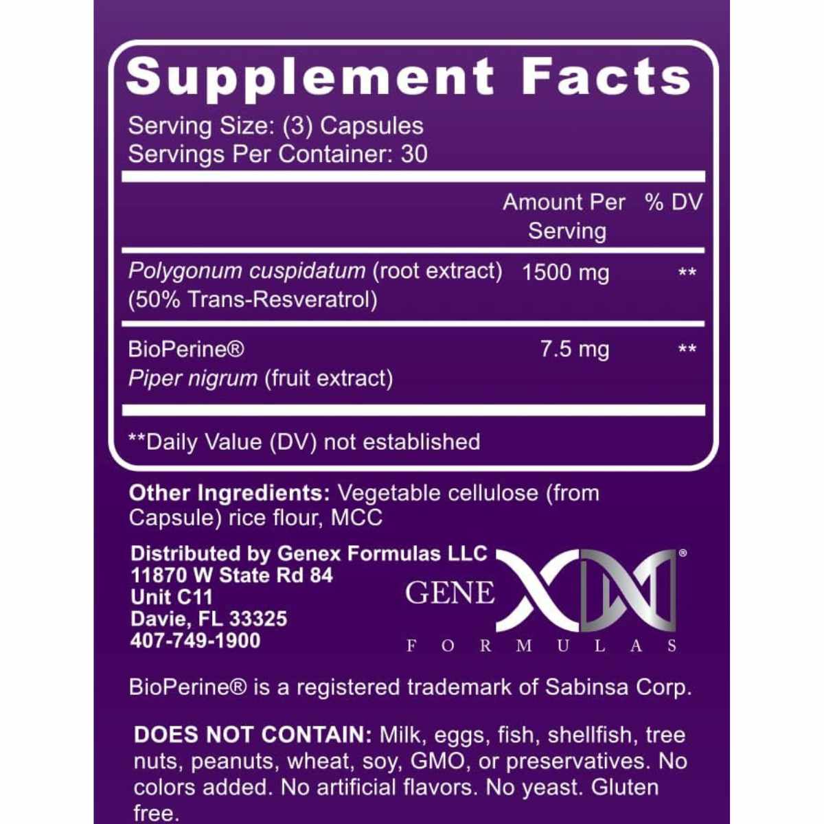 Genex Formulas  Trans-Resveratrol Con BioPerine 1500 mg - 90  Cápsulas - Tabla Nutricional - Haz Tu Pedido
