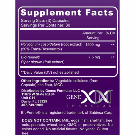 Genex Formulas  Trans-Resveratrol Con BioPerine 1500 mg - 90  Cápsulas - Tabla Nutricional - Haz Tu Pedido
