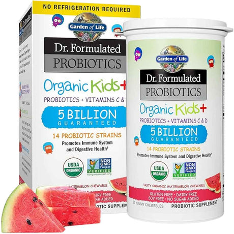 Garden of Life Probióticos Orgánicos Para Niños 5 Mil Millones - Sabor Sandía - 30 Tabletas Masticable - Haz Tu Pedido