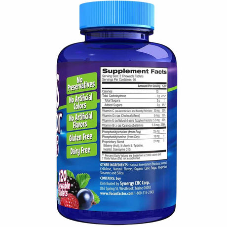 Focus Factor Enfoque Cerebral Para Niños  - Sabor Bayas - 120  Masticables - Tabla Nutricional - Haz Tu Pedido
