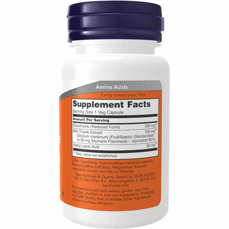 NOW Foods Glutatión  500 mg - 30 Cápsulas Vegetales - Tabla Nutricional - Haz Tu Pedido