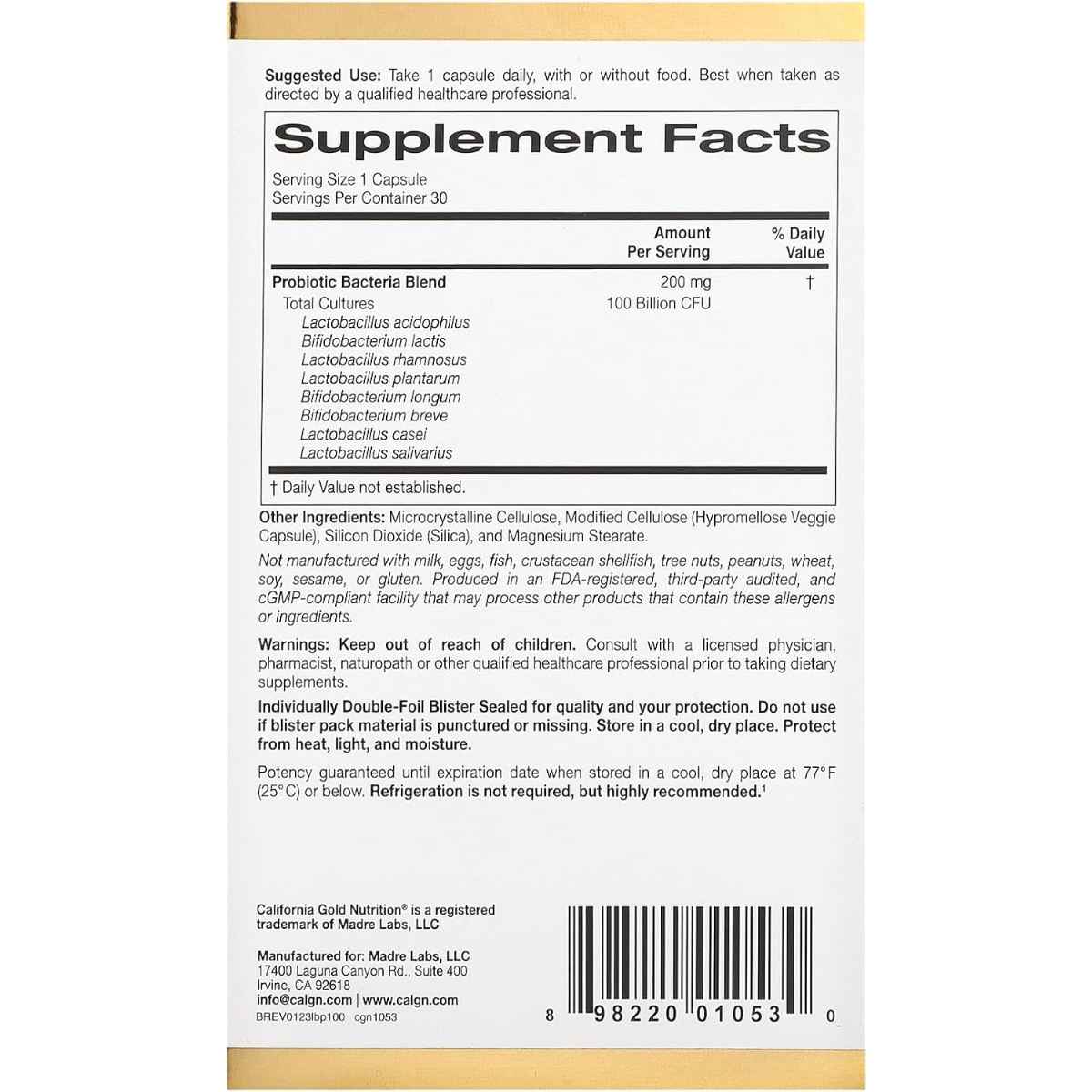 California Gold Nutrition LactoBif 100 Probióticos 100 Mil Millones CFU - 30 Cápsulas Vegetales - Tabla Nutricional - Haz Tu Pedido