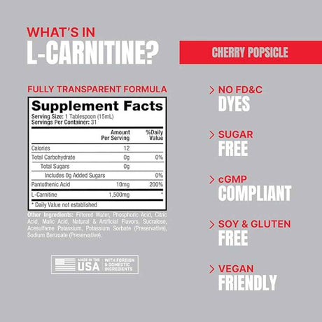 ProSupps®  L-Carnitine Líquido 1500 - Sabor  Paleta de Cereza - 473 ml - Tabla Nutricional - Haz Tu Pedido