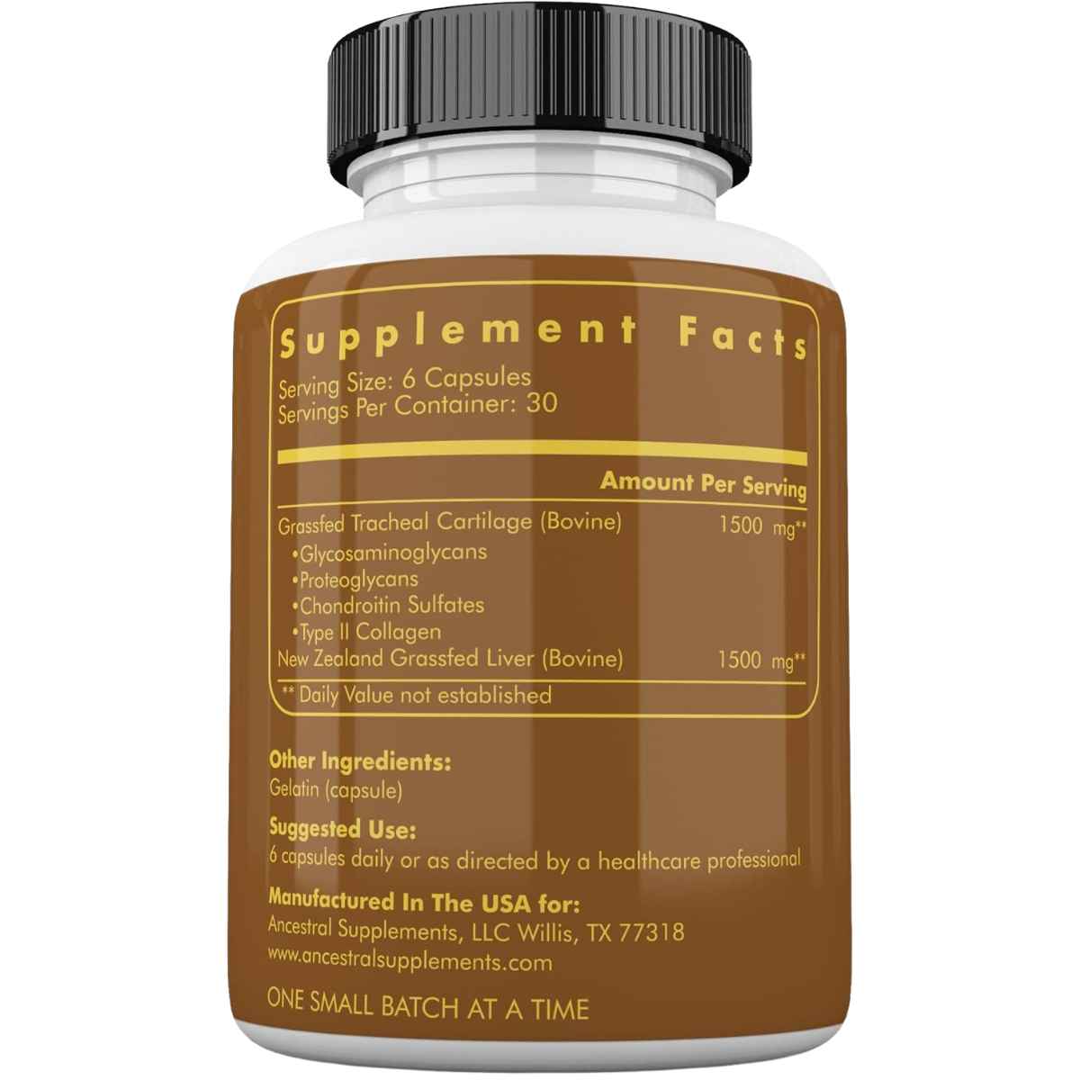 Ancestral Supplements  Cartílago Traqueal Bovina para Articulaciones 500 mg - 180 Cápsulas - Tabla Nutricional - Haz Tu Pedido