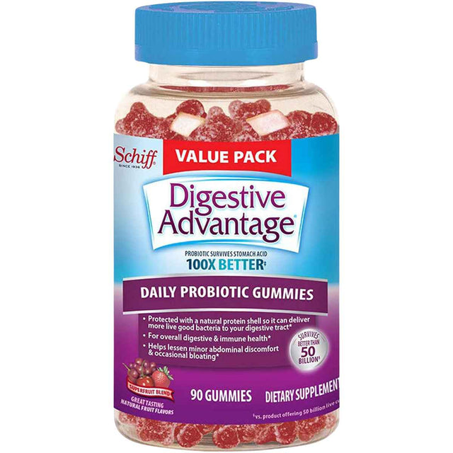 Schiff Digestive Advantage  Probiótico Diario 50 Mil Millones CFU - Sabor Superfruta - 90 Gomitas - Haz Tu Pedido