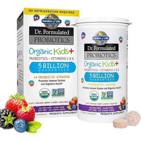 Garden of Life Probióticos Orgánicos Para Niños 5 Mil Millones - Sabor Bayas de Cereza - 30 Tabletas Masticable - Haz Tu Pedido