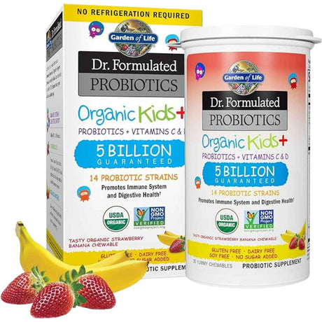 Garden of Life Probióticos Orgánicos Para Niños 5 Mil Millones - Sabor Fresa y Banana - 30 Tabletas Masticable - Haz Tu Pedido