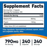 Nutricost  Betaína HCI + Pepsina 790 mg - 240 Cápsulas - Tabla Nutricional - Haz Tu Pedido