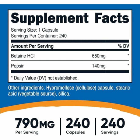 Nutricost  Betaína HCI + Pepsina 790 mg - 240 Cápsulas - Tabla Nutricional - Haz Tu Pedido