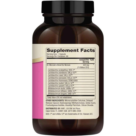 Dr. Mercola Probióticos Completos para Mujeres 70 Mil Millones CFU - 90 Cápsulas - Tabla Nutricional - Haz Tu Pedido