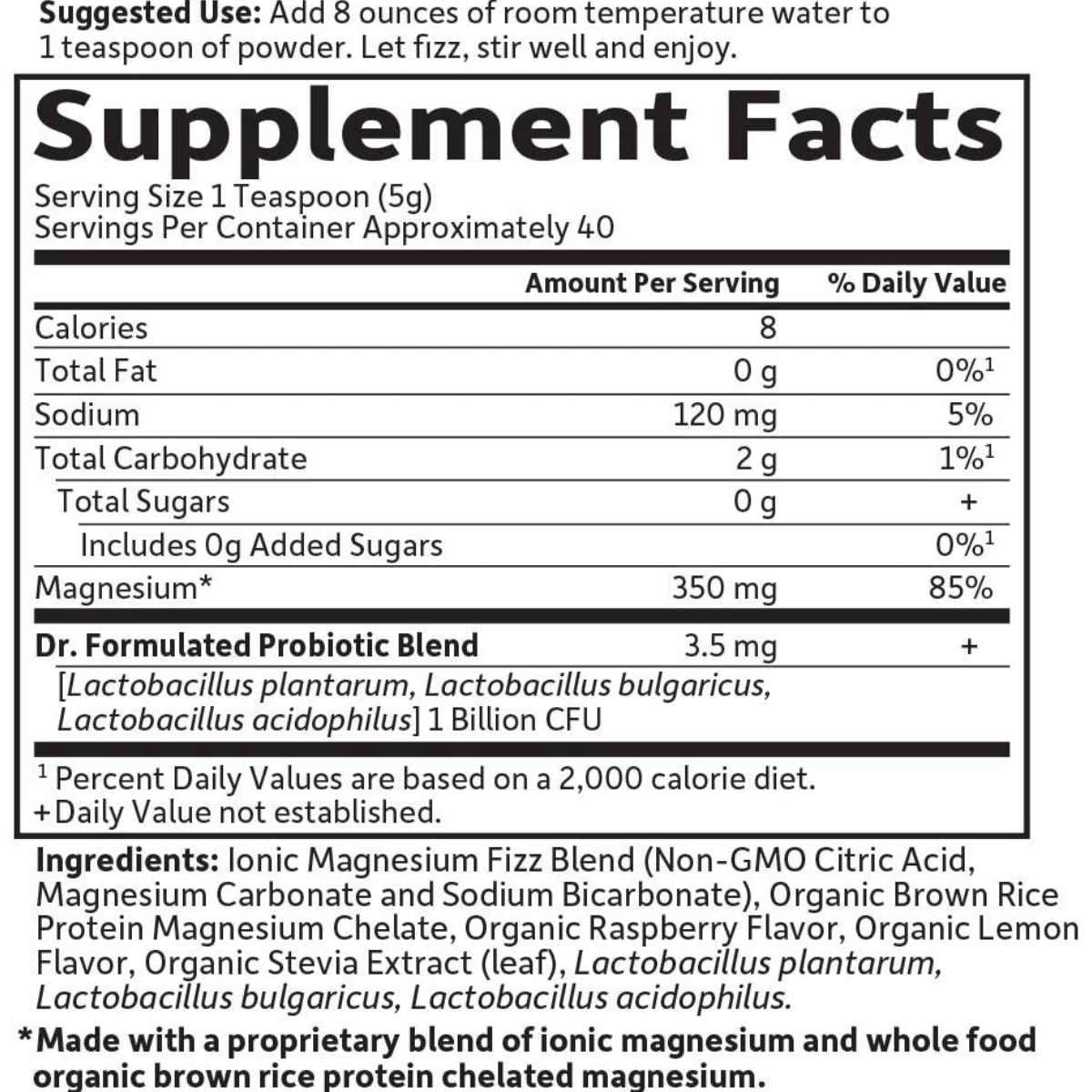 Garden of Life Magnesio - Sabor Frambuesa Limón - 198,4 g - Tabla Nutricional - Haz Tu Pedido