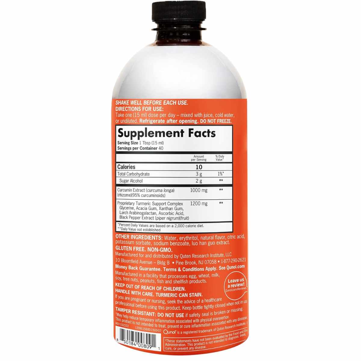 Qunol Curcumina 1000 mg - Sabor Naranja Tropical - 600 ml - Tabla Nutricional - Haz Tu Pedido