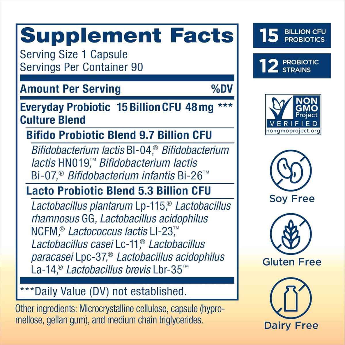 Renew Life Ultimate Flora Probiótico Diario 15 Mil Millones CFU - 90 Cápsulas Vegetarianas - Tabla Nutricional - Haz Tu Pedido