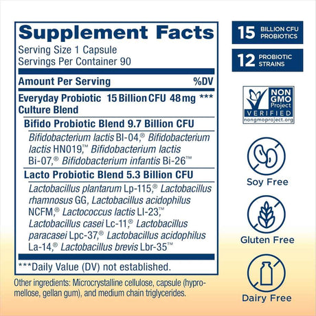 Renew Life Ultimate Flora Probiótico Diario 15 Mil Millones CFU - 90 Cápsulas Vegetarianas - Tabla Nutricional - Haz Tu Pedido