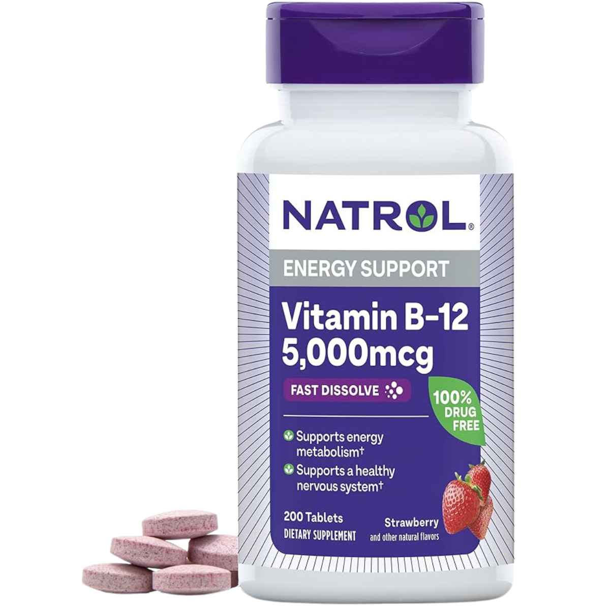 Natrol Vitamina B12 5000 mcg - Sabor Fresa - 200 Tabletas - Haz Tu Pedido