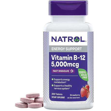 Natrol Vitamina B12 5000 mcg - Sabor Fresa - 200 Tabletas - Haz Tu Pedido