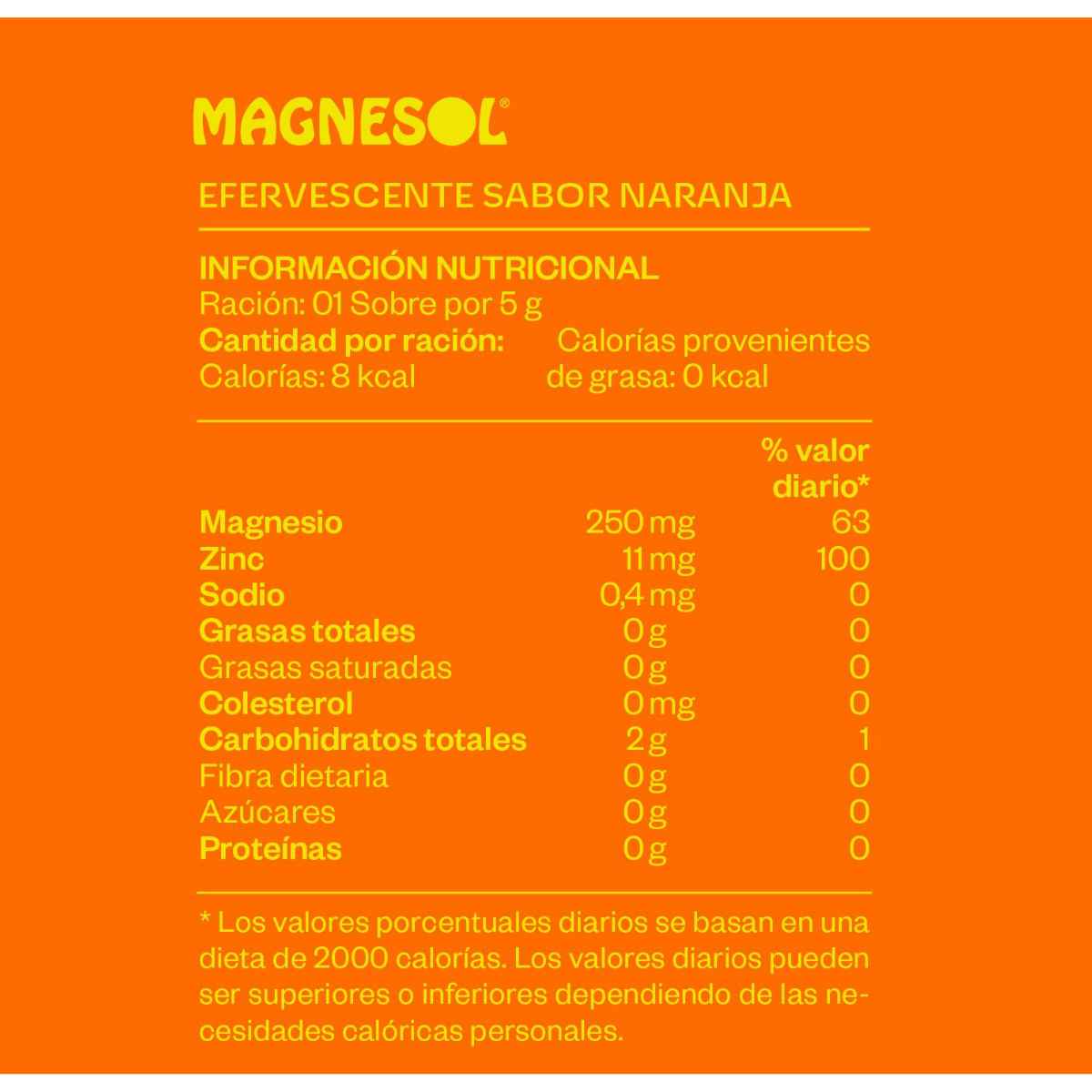 Magnesol Efervescente: Equilibrio, Energía y Vitalidad - Sabor Naranja - 5 g - Tabla Nutricional - Haz Tu Pedido