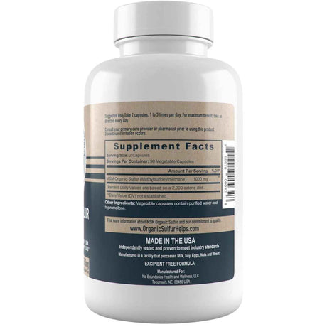 No Boundaries Health and Wellness MSM Orgánico Azufre 500 mg - 180 Cápsulas Vegetales