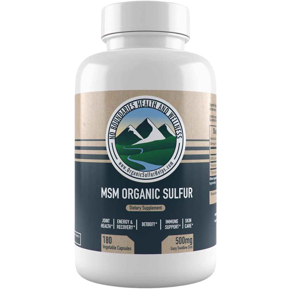 No Boundaries Health and Wellness MSM Orgánico Azufre 500 mg - 180 Cápsulas Vegetales