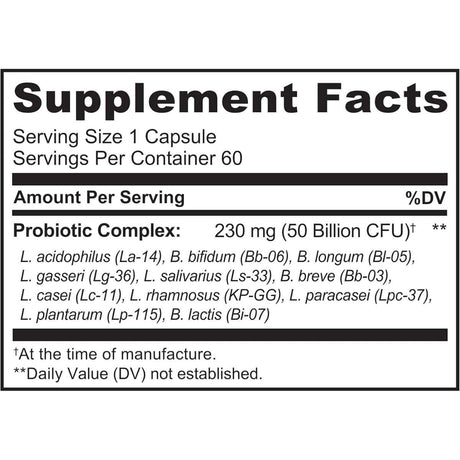 Naturelo Probióticos para la Salud Digestiva 50 Mil Millones CFU - 60 Cápsulas de Liberación Retardada - Tabla Nutricional - Haz Tu Pedido+