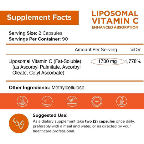 Vitamina C liposomal - 1700 mg - 180 Cápsulas - Tabla Nutricional - Haz Tu Pedido