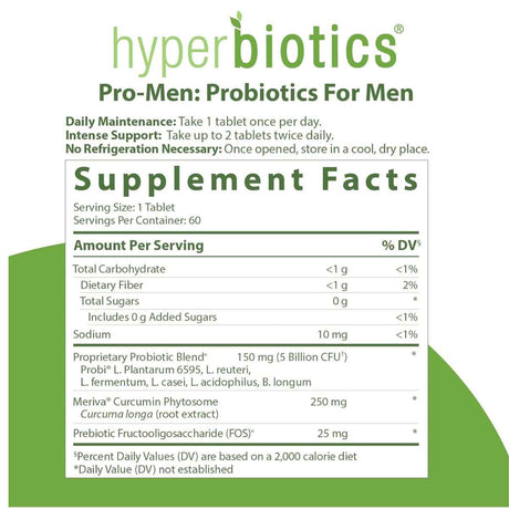 Hyperbiotics PRO-Men Probiótico para Salud de la Próstata 5 Mil Millones CFU - 60 Tabletas de Liberación Prolongada - Tabla Nutricional - Haz Tu Pedido