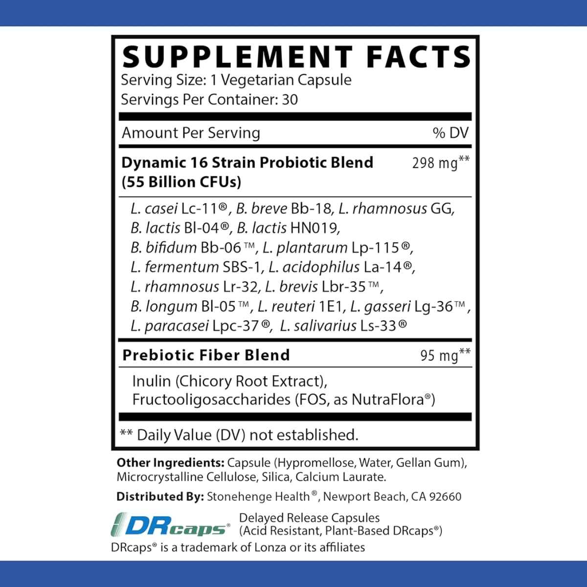 Stonehenge Health Dynamic Biotics™ Probiotico 55 Mil Millones CFU - 30 Cápsulas Vegetales - Tabla Nutricional - Haz Tu Pedido