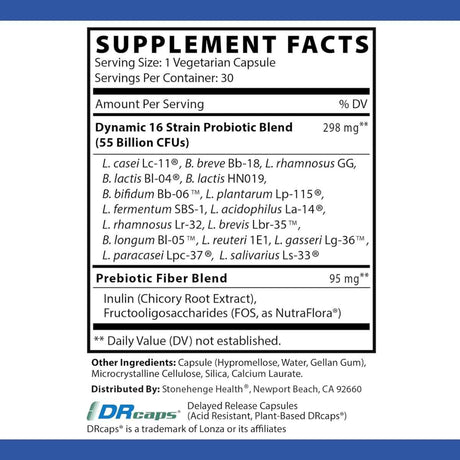 Stonehenge Health Dynamic Biotics™ Probiotico 55 Mil Millones CFU - 30 Cápsulas Vegetales - Tabla Nutricional - Haz Tu Pedido