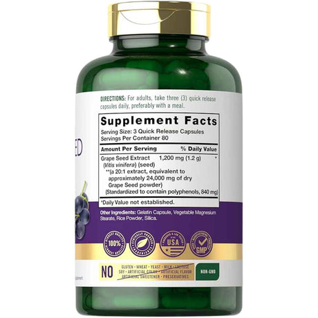 Carlyle Extracto de Semilla de Uva  24000 mg - 240  Cápsulas de Liberación Rápida - Tabla Nutricional - Haz Tu Pedido