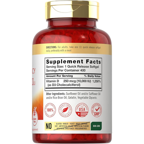 Carlyle Vitamina D-3 10000 IU - 400  Cápsulas Blandas - Tabla Nutricional - Haz Tu Pedido