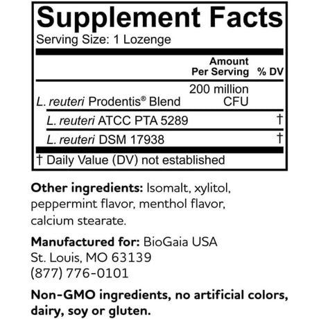 BioGaia Prodentis Probiótico - Sabor Menta - 30 Pastillas - Tabla Nutricional - Haz Tu Pedido