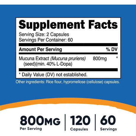 Nutricost Mucuna Pruriens 800 mg - 120 Cápsulas - Tabla Nutricional - Haz Tu Pedido