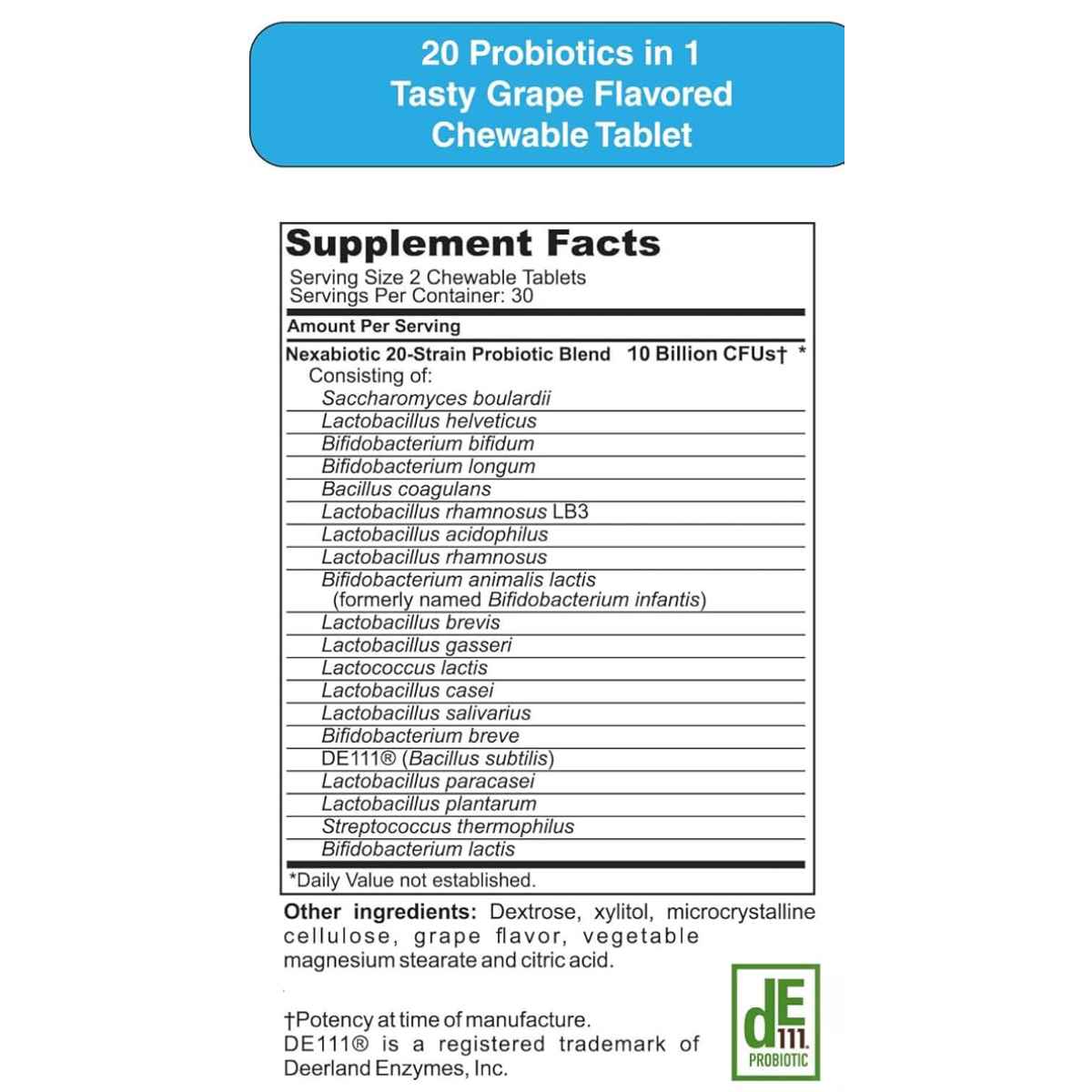 DrFormulas Nexabiotic® Probióticos Dentales Para Niños y Adultos 10 Mil Millones CFU - 60 Tabletas Masticable - Tabla Nutricional - Haz Tu Pedido