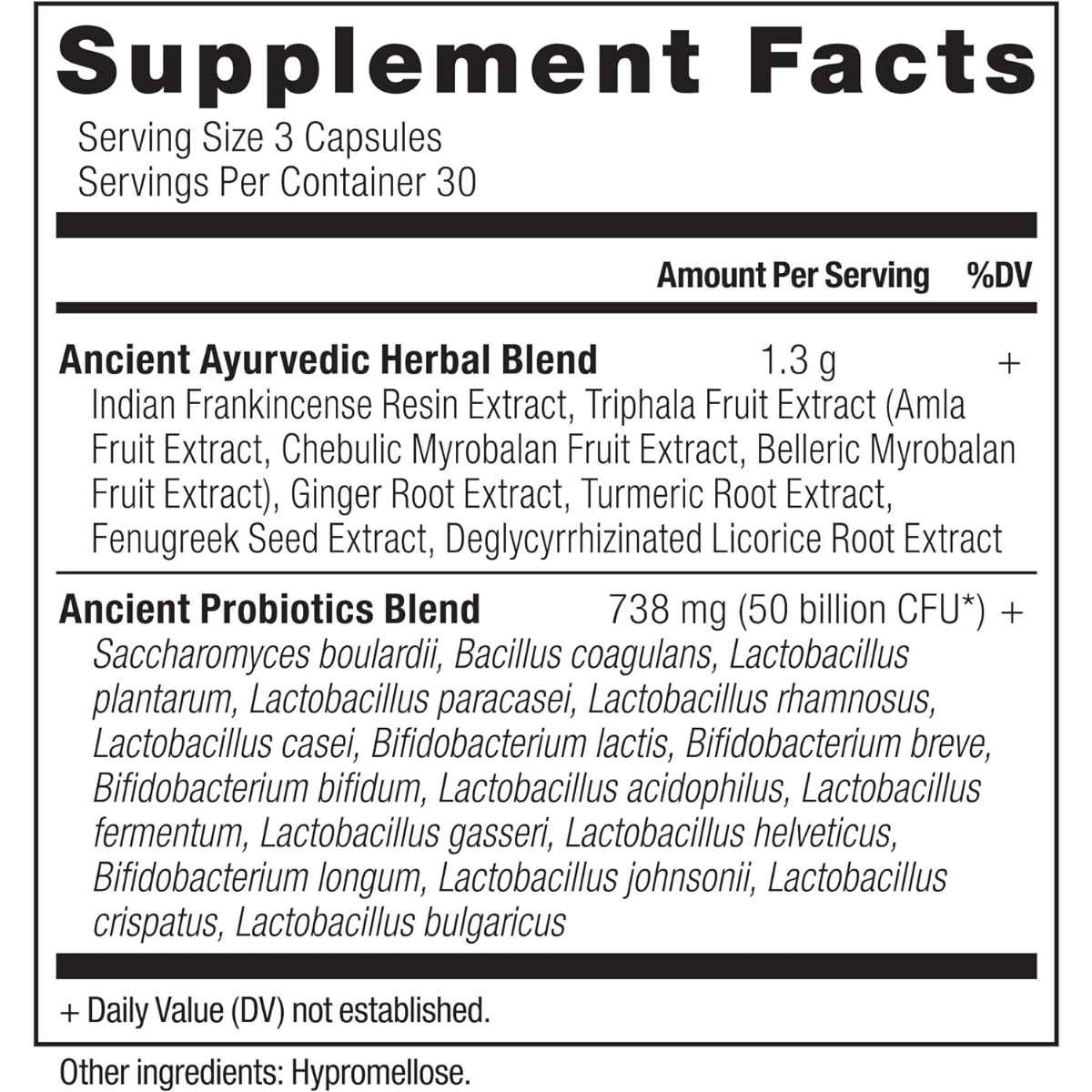 Ancient Nutrition Probióticos Restauración Intestinal - 90 Cápsulas - Tabla Nutricional - Haz Tu Pedido