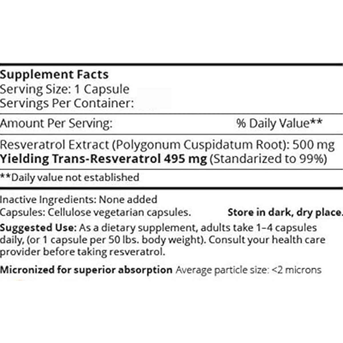 Mega Resveratrol Trans-Resveratrol 495 mg - 60  Cápsulas Vegetales - Tabla Nutricional - Haz Tu Pedido