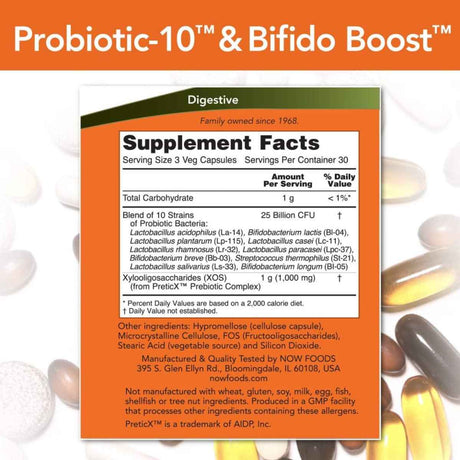 NOW Foods Probiótico-10 y Bifido Boost 25 Mil Millones CFU - 90 Cápsulas - Tabla Nutricional - Haz Tu Pedido