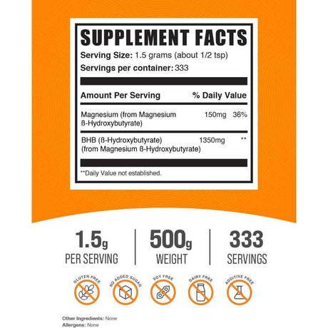 BulkSupplements Polvo de Magnesio BHB (Beta-Hidroxibutirato) Energía y Cetosis Avanzada - 500 gr - Haz Tu Pedido