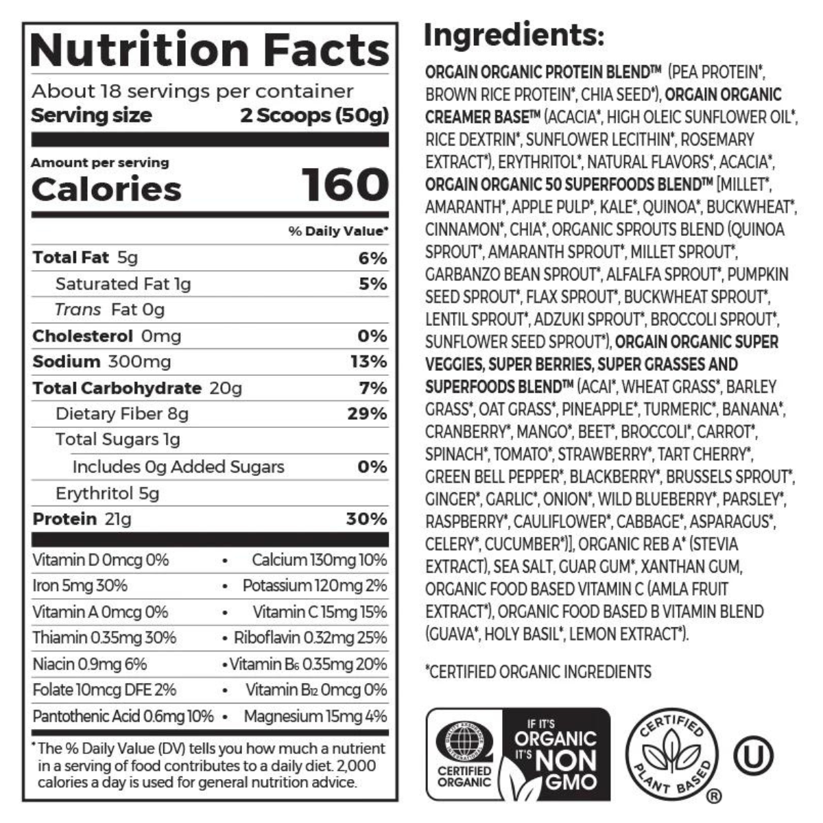 Orgain Proteína Orgánica + Superalimento - Sabor Vainilla - 918 g - Tabla Nutricional - Haz Tu Pedido