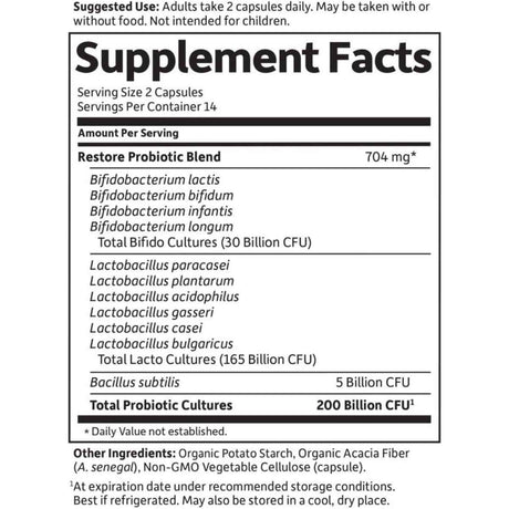 Garden of Life Dr. Formulated Probióticos Serie Platinum Restauración Total 200 Mil Millones CFU - 28 Cápsulas Vegetales - Tabla Nutricional - Haz Tu Pedido