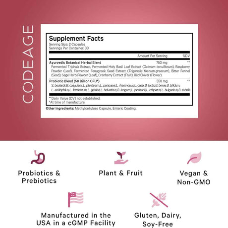Codeage  Probiótico SBO Para Mujeres 50 Mil Millones CFU - Sabor Arándano Rojo - 60 Cápsulas Vegetales - Tabla Nutricional - Haz Tu Pedido