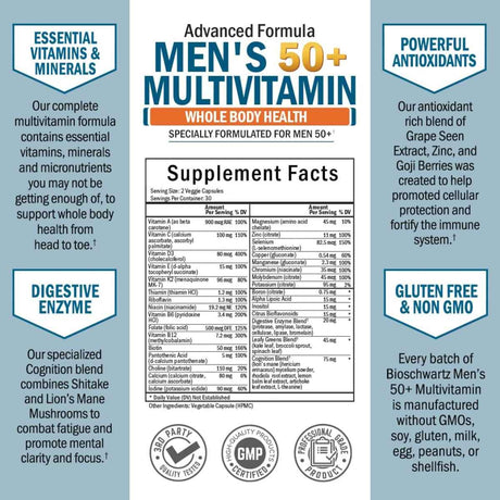 BioSchwartz Multivitamínico para Hombres 50+ Vitalidad y Bienestar - 60 Cápsulas Vegetales - Tabla Nutricional - Haz Tu Pedido
