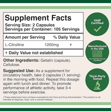 Double Wood Supplements L-Citrulina 1200 mg - 210 Cápsulas - Tabla Nutricional - Haz Tu Pedido